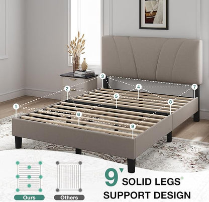 Novilla Queen Bed Frame with Headboard, Bed Frame Queen Size with Wood Slats Support,Linen Upholstered Adjustable Headboard, No Box Spring Needed, Heavy Duty Feet, Easy Assembly, Beige