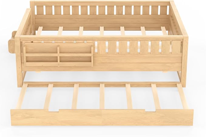 Bellemave Queen Size Kids Bed with high Rails and with Built-in Bookshelf and Trundle for Kids, Girls, Boys, Wood Montessori Bed Without Door, Light Natural