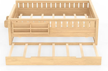 Bellemave Queen Size Kids Bed with high Rails and with Built-in Bookshelf and Trundle for Kids, Girls, Boys, Wood Montessori Bed Without Door, Light Natural