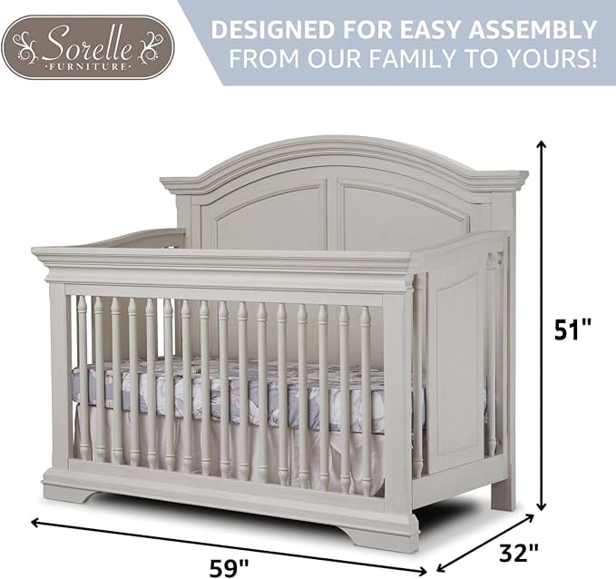 Sorelle Furniture High Arch Portofino Crib, Classic 4-in-1 Convertible Crib, Crib Made of Wood, Wooden Baby Bed, Toddler Bed, Child’s Daybed and Full-Size Bed, Nursery Furniture-Brushed Ivory