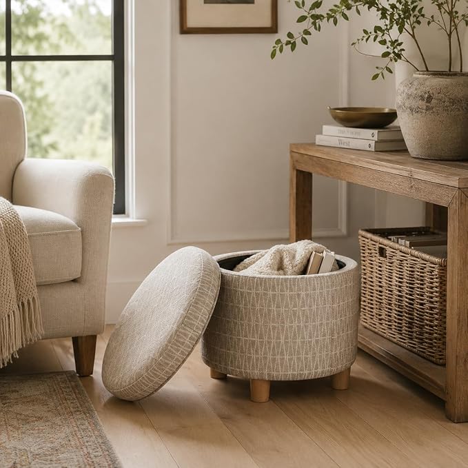 HomePop 19" Round Storage Ottoman - Tan Geometric Pattern