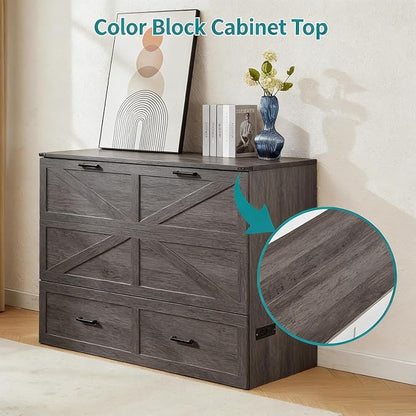 Murphy Bed Full Size Cabinet with Drawer Hidden Beds with Charging Station Farmhouse Wood Space-Saving Hidden Folding Chest Cabinet Bed for Bedroom, Office, School, Rustic Grey