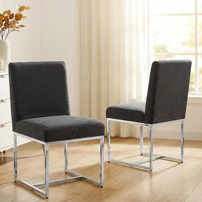 VESCASA Linen Upholstered Dining Chairs Set of 2, Mid Century Modern Padded Chair with Chrome Metal Frame for Restaurant, Dining Room, Kitchen, Charcoal