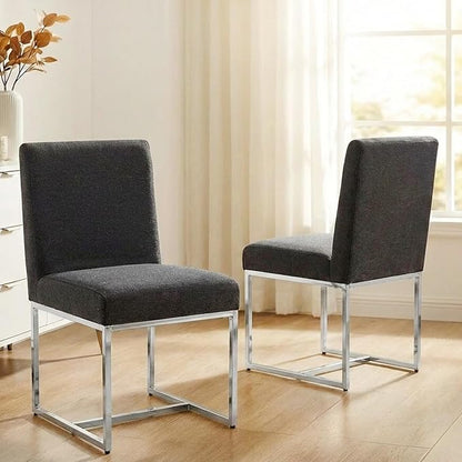 VESCASA Linen Upholstered Dining Chairs Set of 2, Mid Century Modern Padded Chair with Chrome Metal Frame for Restaurant, Dining Room, Kitchen, Charcoal