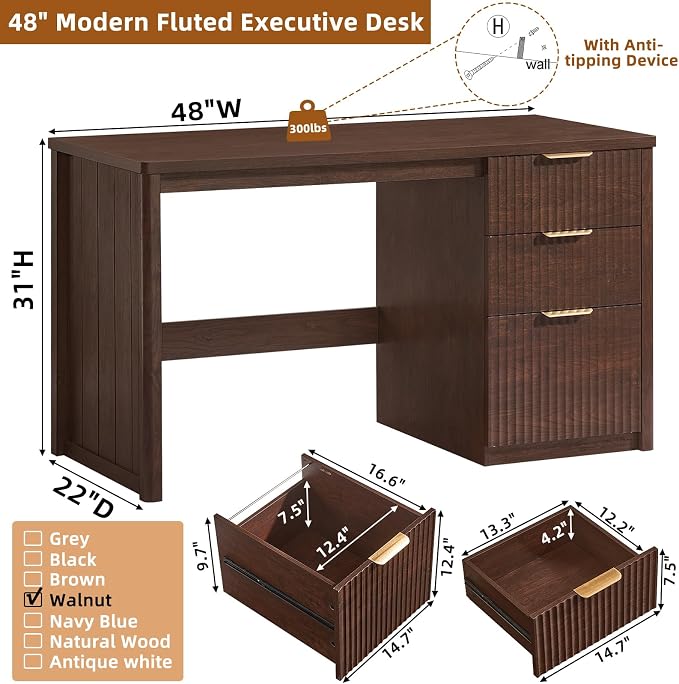 LEYAOYAO Office Desk 48" with 3 Drawers Storage File Cabinet Wood Fluted Desk for Computer Office Bedroom Home Furniture Walnut