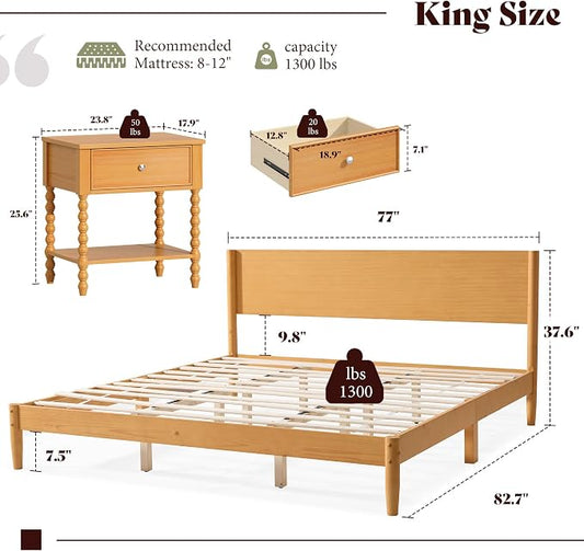 AMERLIFE 3 Piece Bedroom Set Includes Solid Wood King Platform Bed Frame with Headboard and 2 Nightstands with Spindle-Turned Legs, Mid Century Modern Bedroom Furniture, Natural