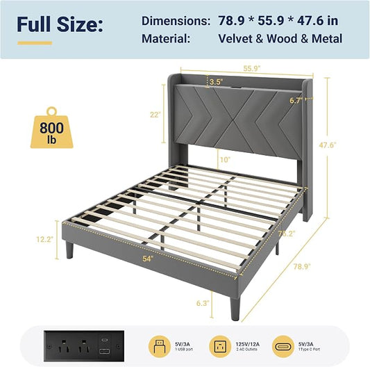 Allewie Full Size Platform Bed Frame with Charging Station and Storage Shelf/Upholstered Velvet Wingback Headboard/Wooden Slats Support/No Box Spring Needed/Easy Assembly, Grey