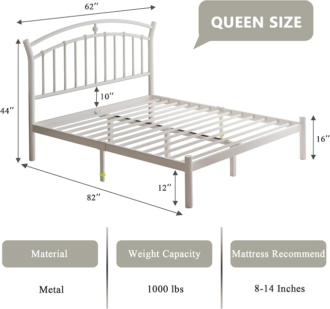 Feonase Queen Size Metal Bed Frame with Retro Headboard, Hardened Steel Tube, 12" Under-Bed Storage, No Box Spring Needed, Easy Assembly, White