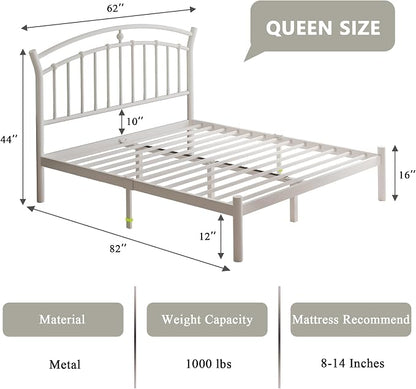 Feonase Queen Size Metal Bed Frame with Retro Headboard, Hardened Steel Tube, 12" Under-Bed Storage, No Box Spring Needed, Easy Assembly, White