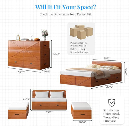 PUREMIND Murphy Bed Full with Mattress Included, Wood Cabinet Bed with Dual Storage Drawers & 2 Pillows, 3-in-1 Convertible Sofa Beds for Small Space, Guest Room, Cherry