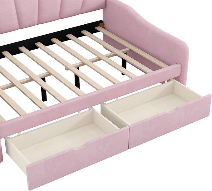 Ball & Cast Full Size Daybed with Two Storage Drawers,Velvet Upholstered Day Bed Frame Full with Shall Shaped Backrest and Wood Slat Support,No Box Spring Needed,Pink