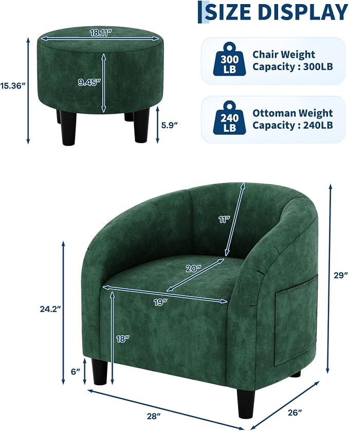 GarveeHome Accent Chair with Ottoman, Velvet Barrel Chair, Luxury Accent Armchair with Footstool for Reading Room Bedroom, Retro Green