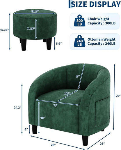 GarveeHome Accent Chair with Ottoman, Velvet Barrel Chair, Luxury Accent Armchair with Footstool for Reading Room Bedroom, Retro Green