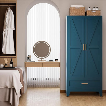71" Tall Metal Armoire Wardrobe Closet,17.7" Deep By 31.5" Wide Portable Closet for Hanging Clothes,Wardrobe Cabinet with Drawer and Shelve for Bedroom Office Laundry Room,Blue 1 Pack