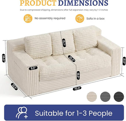 Boneless Couch, Cloud Loveseat Sofa Corduroy Couch in a Box, Upholstered Boneless 3 Seater Couch for Living Room Bedroom Office Apartment, No Assembly Required, Beige