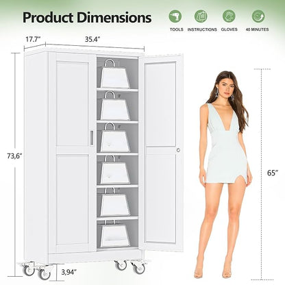 Metal Garage Storage Cabinet, 74”Tall Rolling Utility Cabinet White | storage system with Wheels, Lock, 5 Adjustable Shelves, Heavy Duty Steel Tool Locker for Home Office, Utility Room, Gym