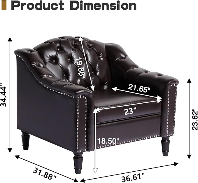 LEVNARY Chesterfield Chair Leather, Upholstered Sofa Chair with High Back, Mid-Century Modern Armchair with Solid Wood Legs, Single Couches for Living Room (Brown)