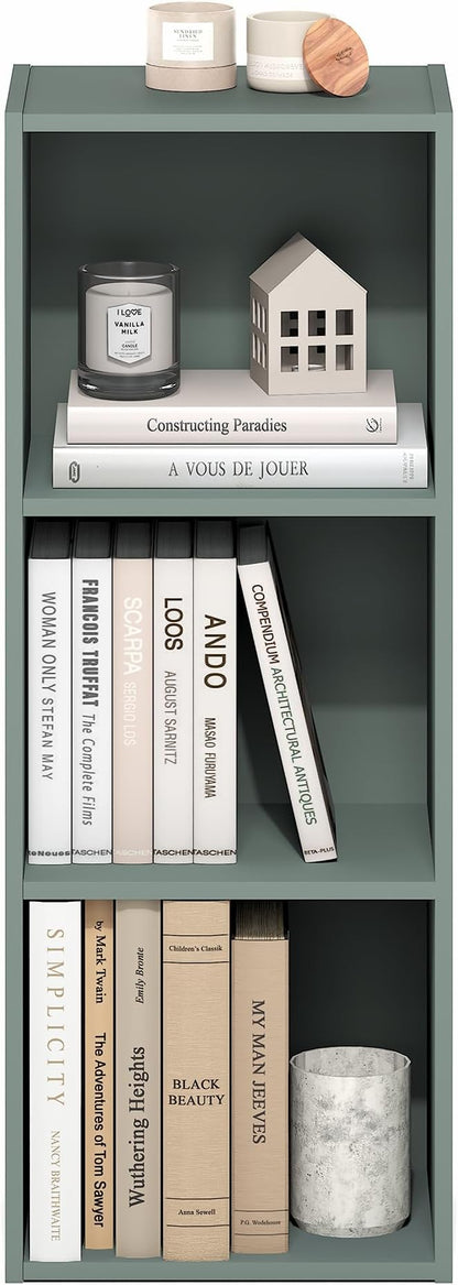 Furinno LUDER Book Shelf, 3-Cube Bookshelf, Bookcase with Open Shelves, 9.3 x 12 x 31.5, Easy Assembly, for Living Room, Bedroom, Home Office, Sage Green