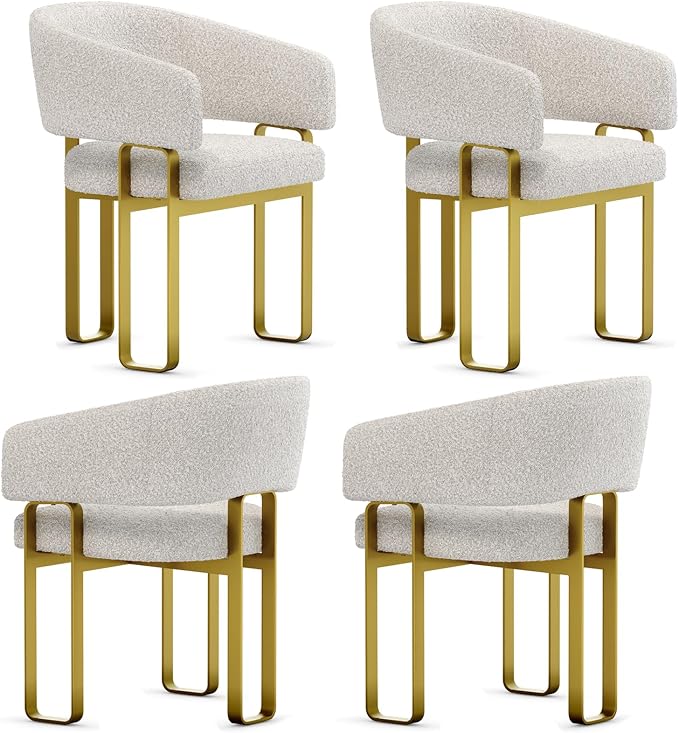 Dining Chairs Set of 4, Off White Boucle Upholstered Dining Room Chairs with Brushed Gold Metal U-Shaped Legs, Luxury Side Chairs with Arms