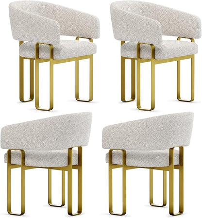 Dining Chairs Set of 4, Off White Boucle Upholstered Dining Room Chairs with Brushed Gold Metal U-Shaped Legs, Luxury Side Chairs with Arms
