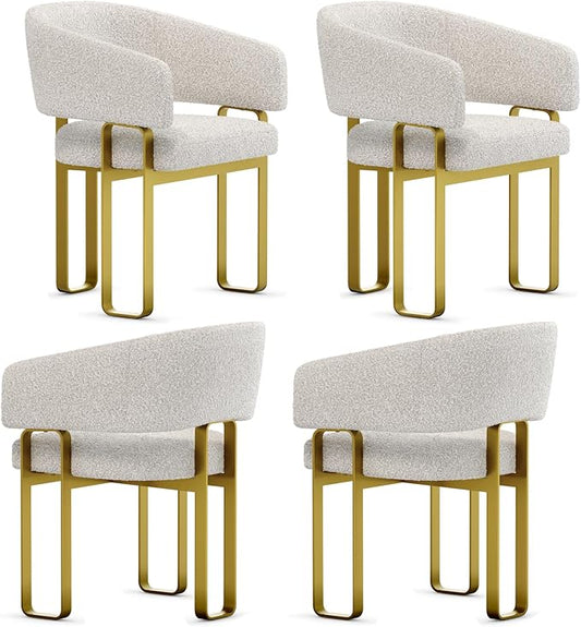 Dining Chairs Set of 4, Off White Boucle Upholstered Dining Room Chairs with Brushed Gold Metal U-Shaped Legs, Luxury Side Chairs with Arms