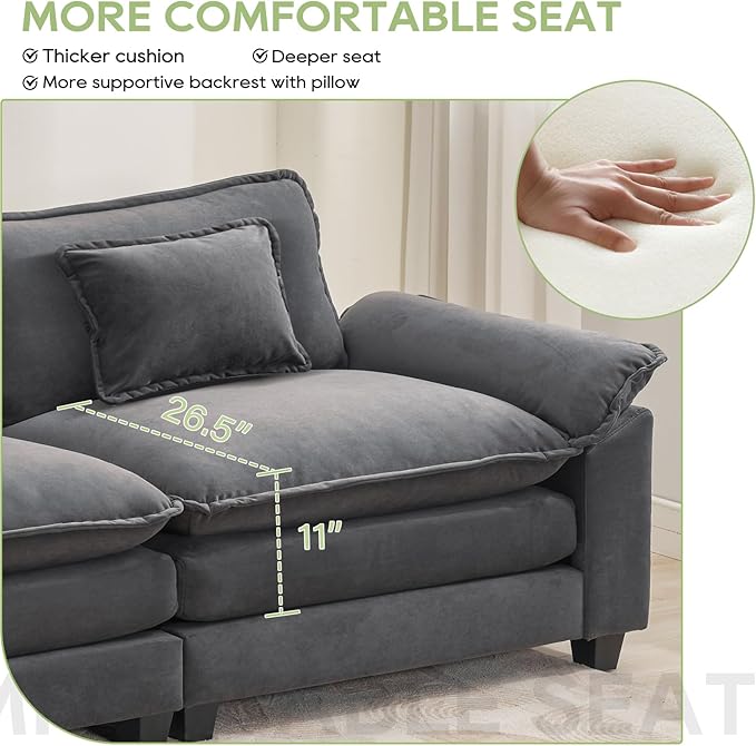 Oprisen 86" Modular Sectional Sofa, Comfy Cloud Couch Sectional Sofa with Ottoman, Velvet Sofa Sleeper Deep Seat Sofa with Throw Pillows for Living Room (Blue Gray, 86"- L Shape)