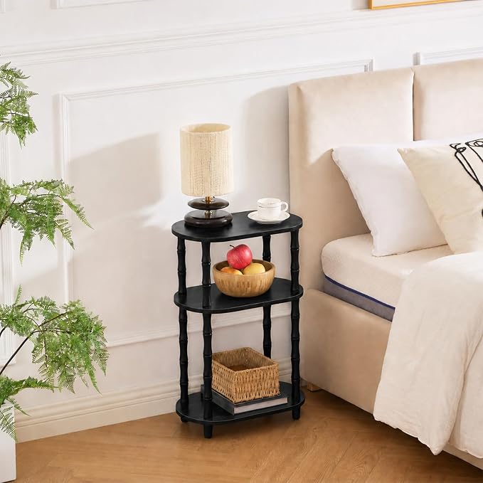 Narrow Side Table with Storage, 3-Tier End Table Skinny Nightstand for Bedroom, Living Room Small Space, Black