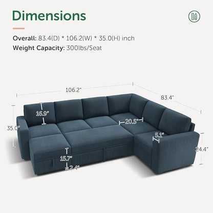 HONBAY Modular Sectional Sleeper Sofa, Corduroy Sleeper Pull-Out Bed Couch with Storage, U Shaped Sectional Couches for Living Room, Blue