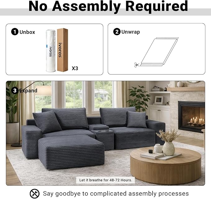 ivoros 111 Inch Modular Sectional Sofa Couch, Oversized Modern Cloud Couch for Living Room, L Shape Couches with Ottomans, USB Ports and Cup Holders, Grey Corduroy Boneless Sofas, Sofa in a Box