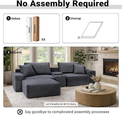 ivoros 111 Inch Modular Sectional Sofa Couch, Oversized Modern Cloud Couch for Living Room, L Shape Couches with Ottomans, USB Ports and Cup Holders, Grey Corduroy Boneless Sofas, Sofa in a Box