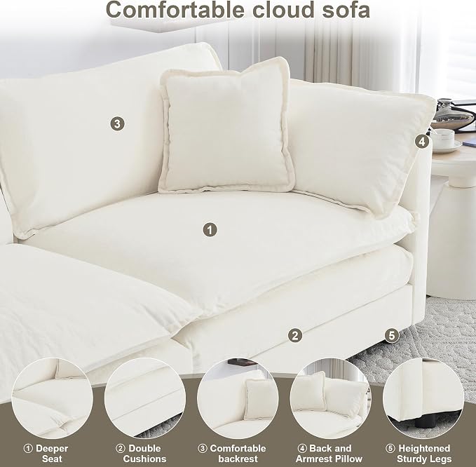 111.5" Modular Sectional Sofa, Large L Shaped Sectionals Cloud Couch, Big Comfy 3-Seat Couch with Ottoman, 4 Seater Chenille Sectional Sofa with Deep Seat and 5 Pillows for Living Room- Beige