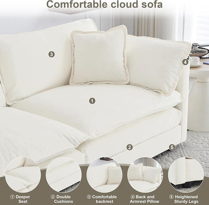 111.5" Modular Sectional Sofa, Large L Shaped Sectionals Cloud Couch, Big Comfy 3-Seat Couch with Ottoman, 4 Seater Chenille Sectional Sofa with Deep Seat and 5 Pillows for Living Room- Beige