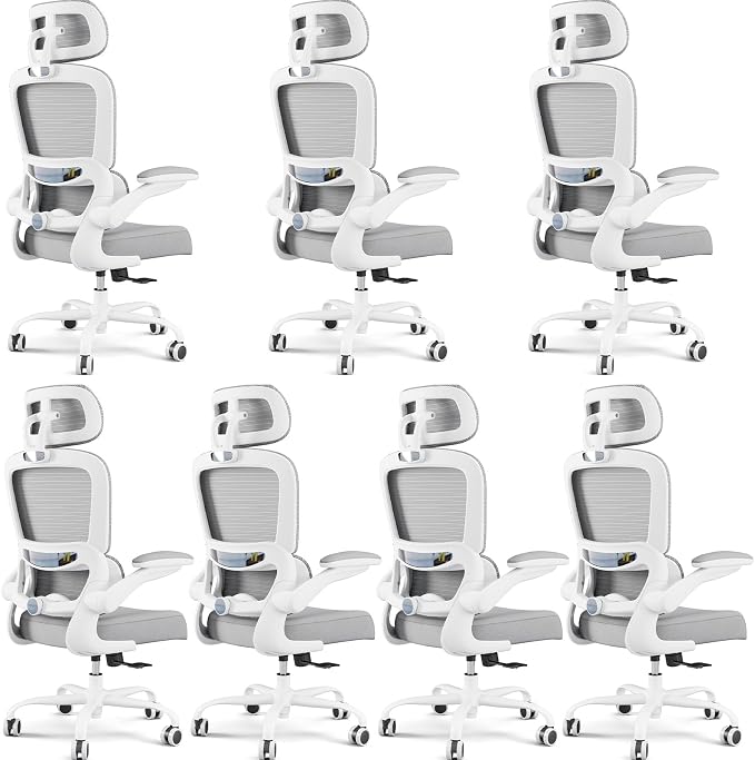 TRALT Office Chair Ergonomic Desk Chair, 330 LBS Home Mesh Office Desk Chairs with Wheels, Comfortable Gaming Chairs White Pack of 7