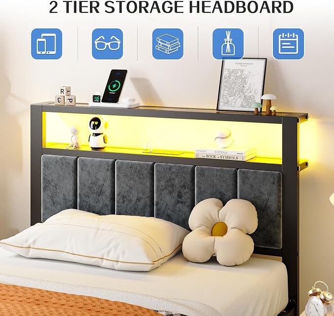 Liians Twin Size Platform Bed Frame with LED Lights, Grey Upholstered Headboard with 2-Tier Storage Shelves, Charging Station, Noise Free, No Box Spring Needed, Easy Assemably