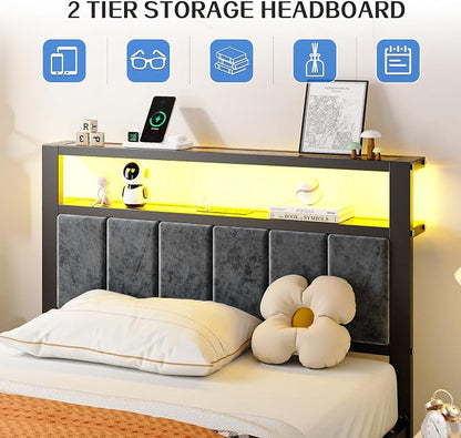 Liians Twin Size Platform Bed Frame with LED Lights, Grey Upholstered Headboard with 2-Tier Storage Shelves, Charging Station, Noise Free, No Box Spring Needed, Easy Assemably