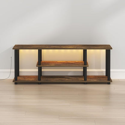 Furinno Turn-N-Tube TV Stand with LED Lights, 3-Tier No Tools 3D Entertainment Center, TV Console for TV up to 50 Inch, for Living Room, Bedroom, Amber Pine