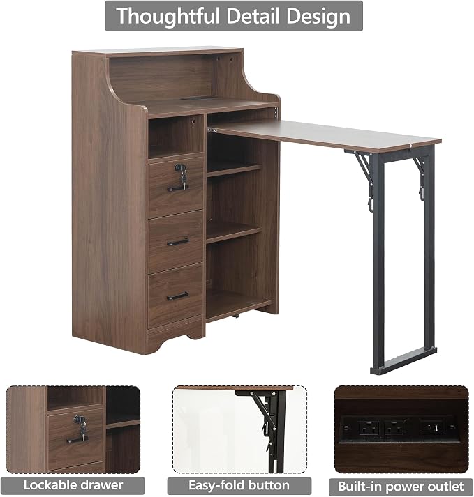 Fold Out Desk with Storage, Hidden Desk with Lockable Drawers & Shelves, Built-in Power Outlet,Folding Desk for Study and Home Office (Walnut)