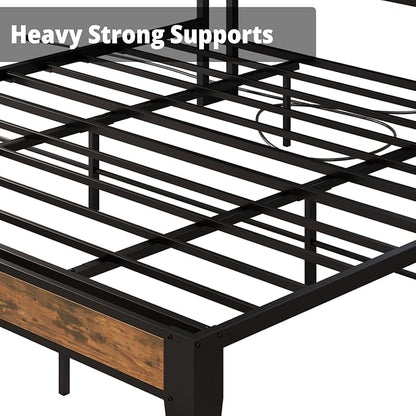 ANCTOR King Bed Frame, Upholstered Tufted Headboard, Storage Shelves & Charging Station, No Box Springs Needed, Sturdy, Noise-Free, Modern Vintage Style