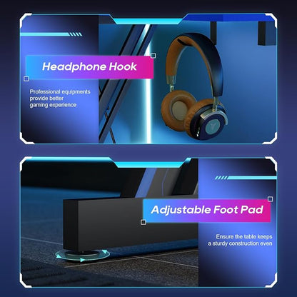 BestOffice 39" Gaming Desk Computer Gaming Desk Z Shaped Gaming Workstation Ergonomic Gaming Table with Headphone Hook for Game Players,Black&Blue