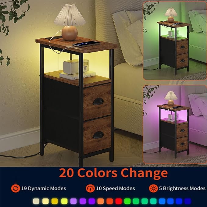 sthmec Narrow End Table with Charging Station, Narrow Side Table with 2 Fabric Drawers, LED End Table, Slim Nightstand with LED Light, Small Side Table for Small Space,Living Room,Bedroom,Rustic Brown