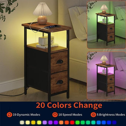 sthmec Narrow End Table with Charging Station, Narrow Side Table with 2 Fabric Drawers, LED End Table, Slim Nightstand with LED Light, Small Side Table for Small Space,Living Room,Bedroom,Rustic Brown