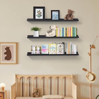 MBYD 36 Inch Picture Ledge Shelf with Lip Modern Black Floating Photo Shelves Natural Wood Set of 3 Same Sizes Frames Albums Display Shelf for Bedroom Bathroom Living Room Kitchen