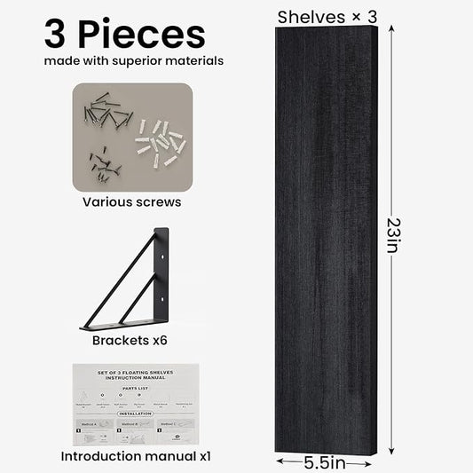 BAYKA Wall Mounted Floating Shelves, Wood Floating Wall Shelf for Books & Decor, Small Space-Saving Display & Organizer（Black，23in，Set of 3）