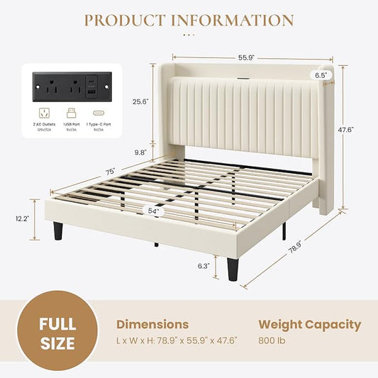SHA CERLIN Full Size Velvet Bed Frame with USB Charging Station, Wingback Storage Headboard, Upholstered Platform Bed with Wooden Slats Support, No Box Spring Needed, Easy Assembly, Cream White