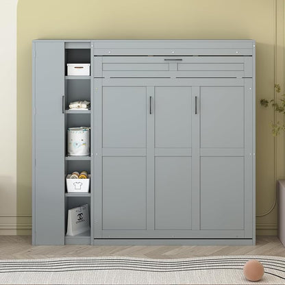 Merax Full Size Murphy Bed Wall Bed with Shelves, Drawers and LED Lights,Gray