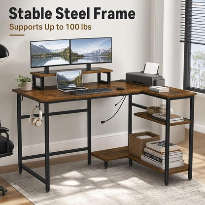 DEVAISE 47 Inch L Shaped Gaming Desk with LED Lights & Power Outlets, Corner Desk for Small Spaces, Sturdy PC Computer Table with Storage for Home Office, Rustic Brown