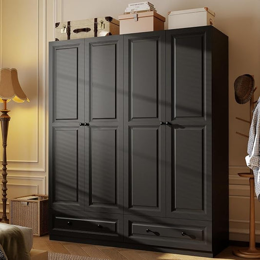 Armoire Wardrobe Closet with Drawers: 74" Black Tall Wardrobe Cabinet with Hanging Rod, Wooden Closet with 4 Doors and 2 Drawers, Modern Bedroom Armoires