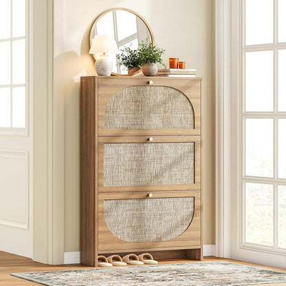 Nicetree Shoe Storage Cabinet for Entryway, Modern Walnut Shoe Cabinet with Tiered Fluted Design, 9.5" Slim Shoe Rack for Small Spaces, Narrow 4 Flip Drawers Hidden Shoe Organizer