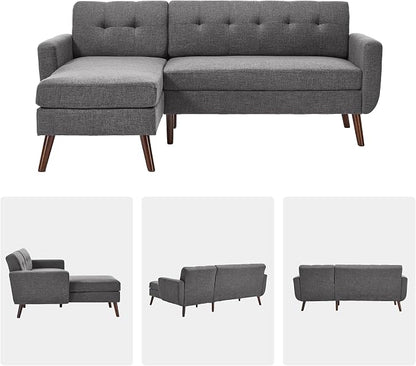 Kingfun L Shaped Couch, 80" W Mid-Century Modern Sofa, Sectional Couches, 3 Seater Sofas with Wide Chaise Lounge, Button Tufted Upholstered Sectional Sofa for Living Room, Bedroom, Gray