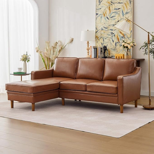 Kingfun 88" L-Shape Sofa, Faux Leather Sectional Couch, Mid Century Modern Couches with Solid Wood Frame for Living Room Bedroom